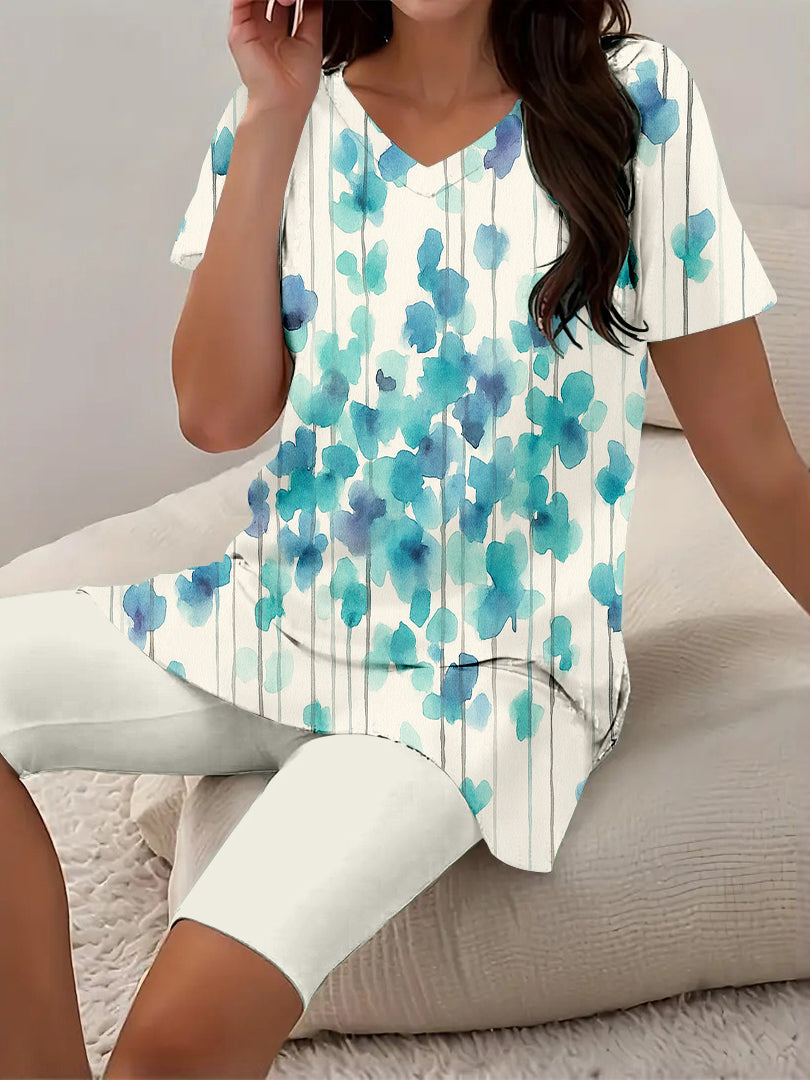 Women Long Sleeve V-neck Graphic Floral Printed Top
