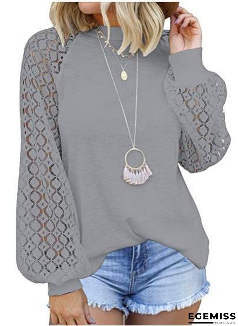 New Round Neck Long Sleeve Lace Patchwork Blouse for Women | EGEMISS