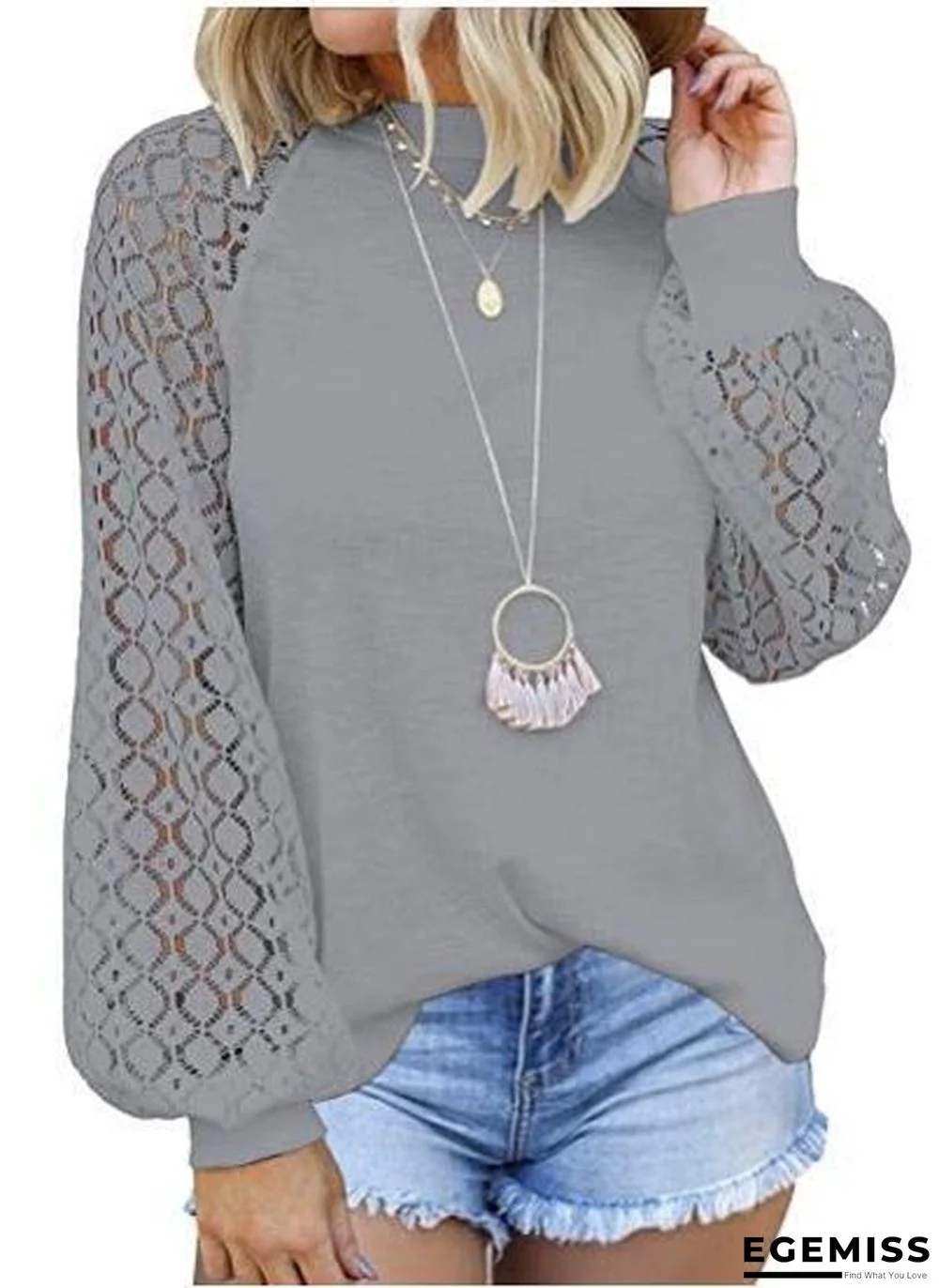 New Round Neck Long Sleeve Lace Patchwork Blouse for Women | EGEMISS