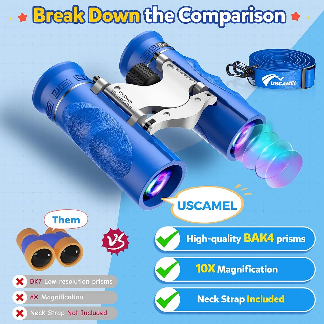 Binoculars for Kids 8-12,Compact Travel Binoculars with BAK-4 Prism, Fully Multi-Coated Optics, Carry Bag & Neck Strap, Perfect for Hiking, Camping,Sports Games（Blue）