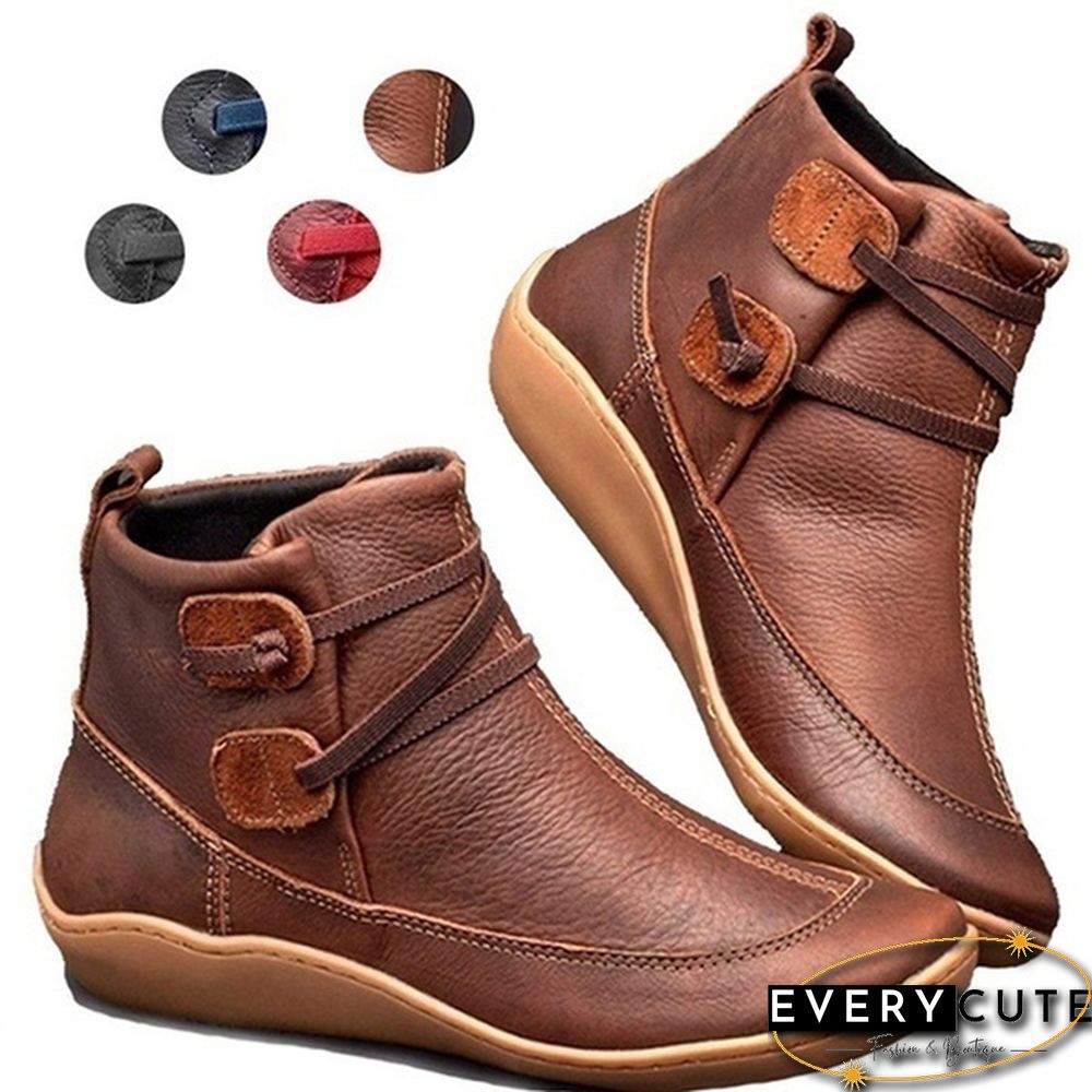 New Fashion Womens Medieval Vintage Leather Boots Braided Strap Flat Heel All Season