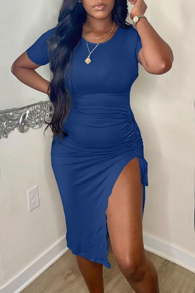 Blue Fashion Casual Solid Draw String Frenulum Slit O Neck Short Sleeve Dress