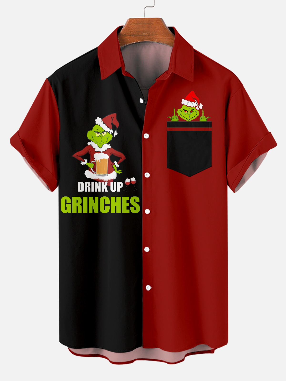 Men's Christmas Classic Cartoon Character Trick-or-Treat Green Monster Short Sleeve Shirt PLUSCLOTHESMAN