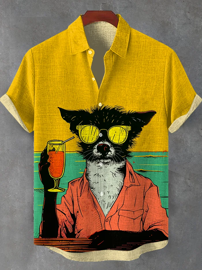 Men's Cool Dog Tipsy Seaside Vacation Art Print Shirt