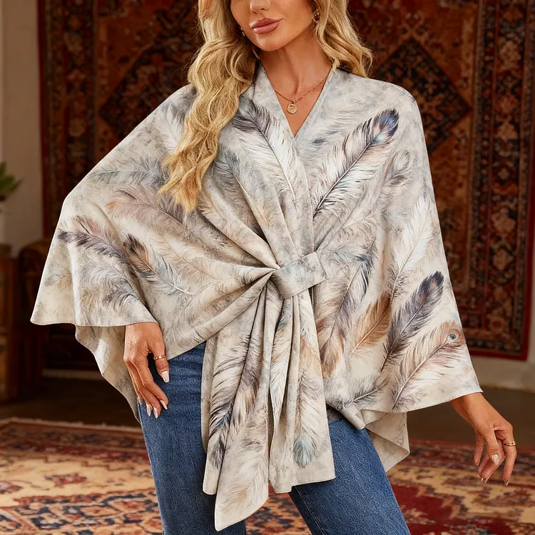 Vintage printing Elegant Shawl Wraps Soft Open Front Poncho Sweater 