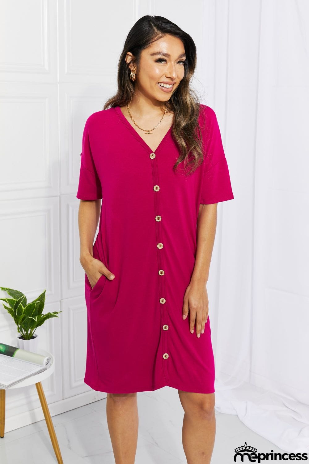 BOMBOM Sunday Brunch Button Down Midi Dress in Magenta