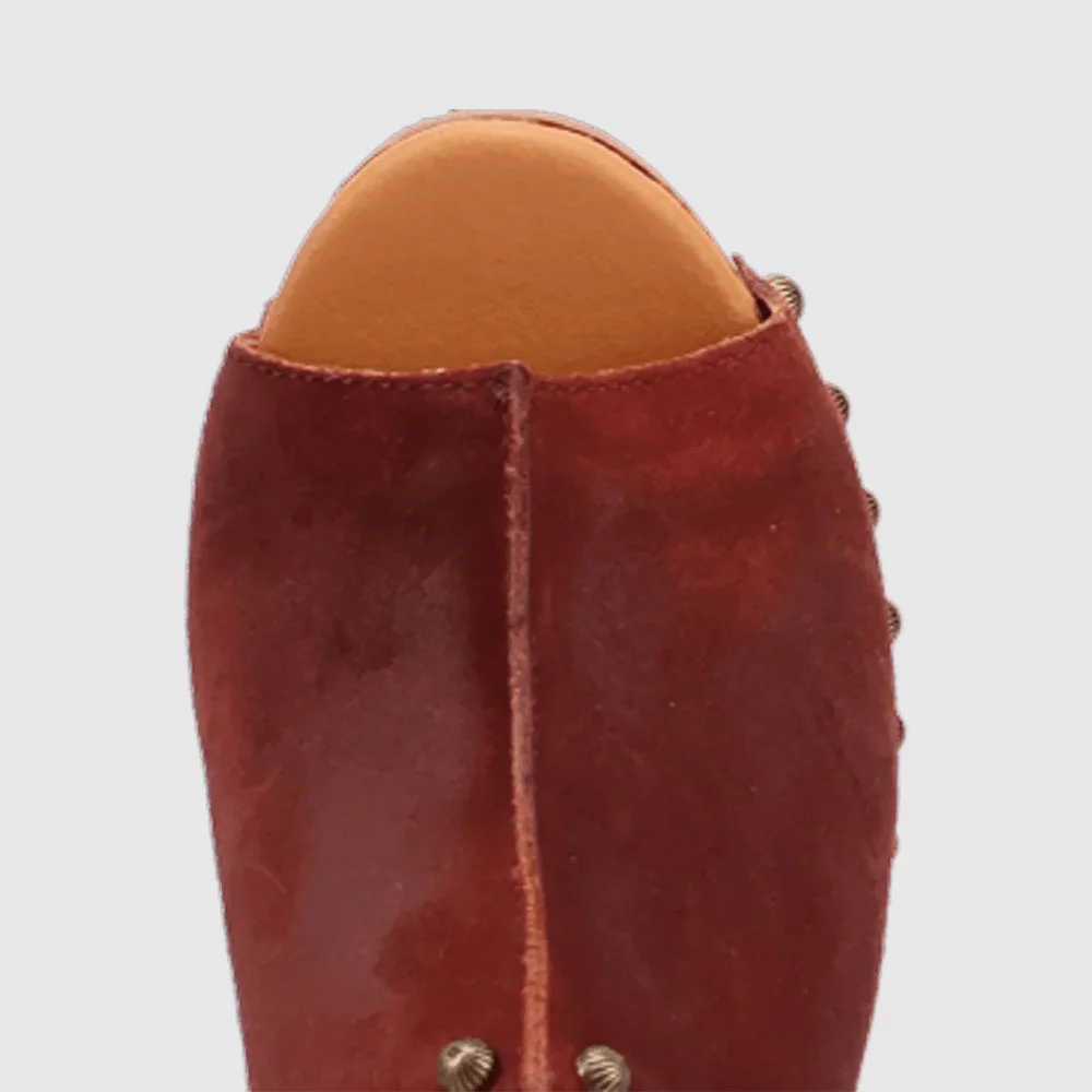 Maroon Peep Toe Studded Clogs Slip On Platform High Heels Sandals