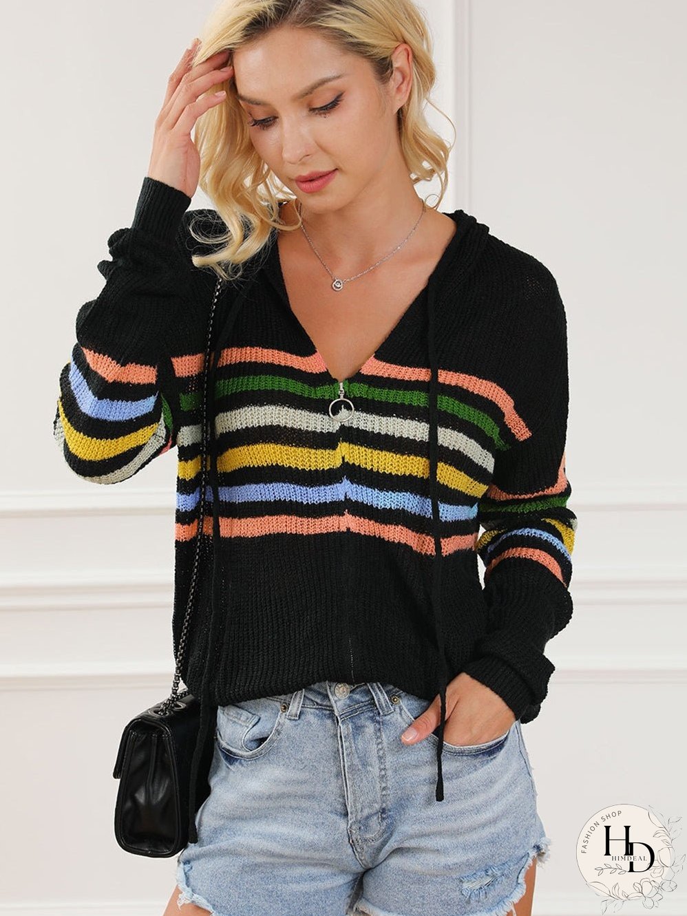 Rainbow Striped Hooded Sweater Cardigan