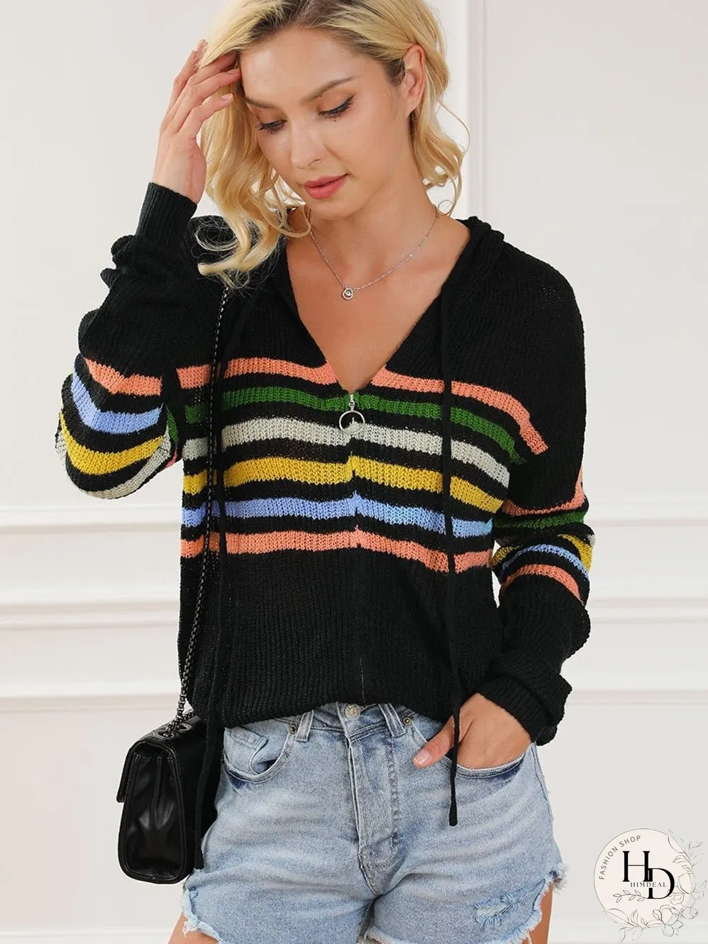 Rainbow Striped Hooded Sweater Cardigan