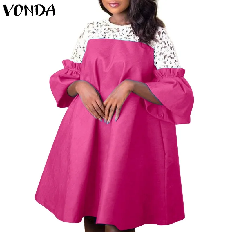 Summer Dress Casual Crew Neck Lace Mini Dresses VONDA 2022 Women Flare Sleeve Pleated 3/4 Sleeve Vestidos Short Robe Oversized
