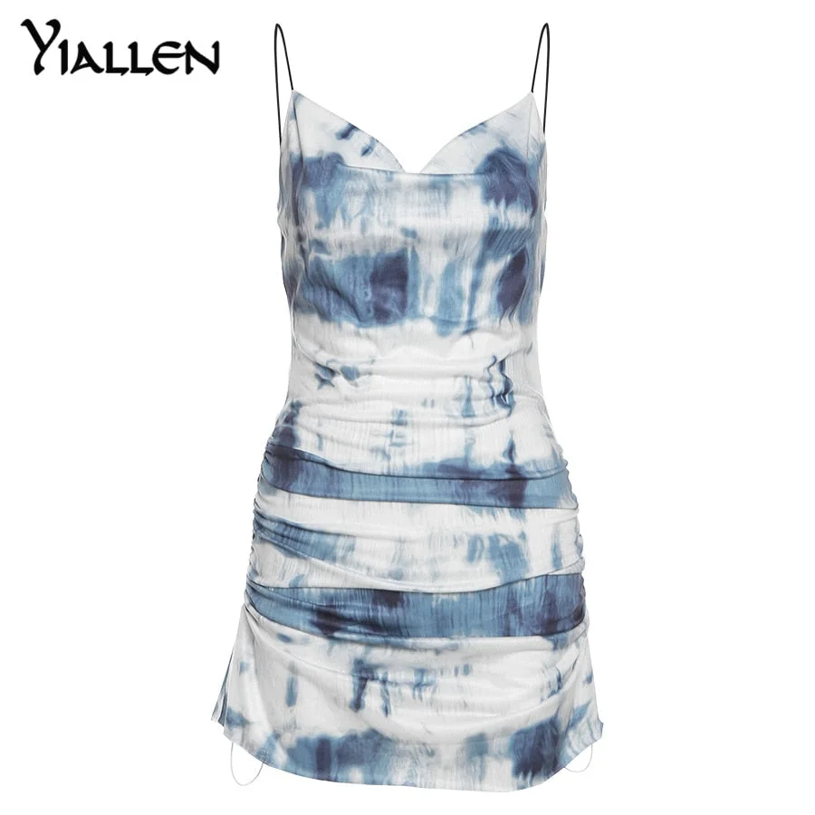 Yiallen Summer Fashion Knitting Sling Dress Women Sleeveless Sexy Side Drawstring Casual Printing Lady Street Slim MIni Dresses