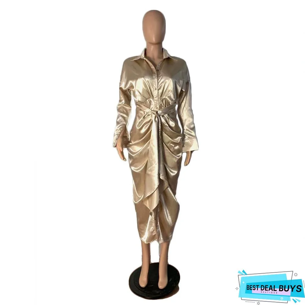 Hollow Solid Color Pleated Fashion Ladies Dress