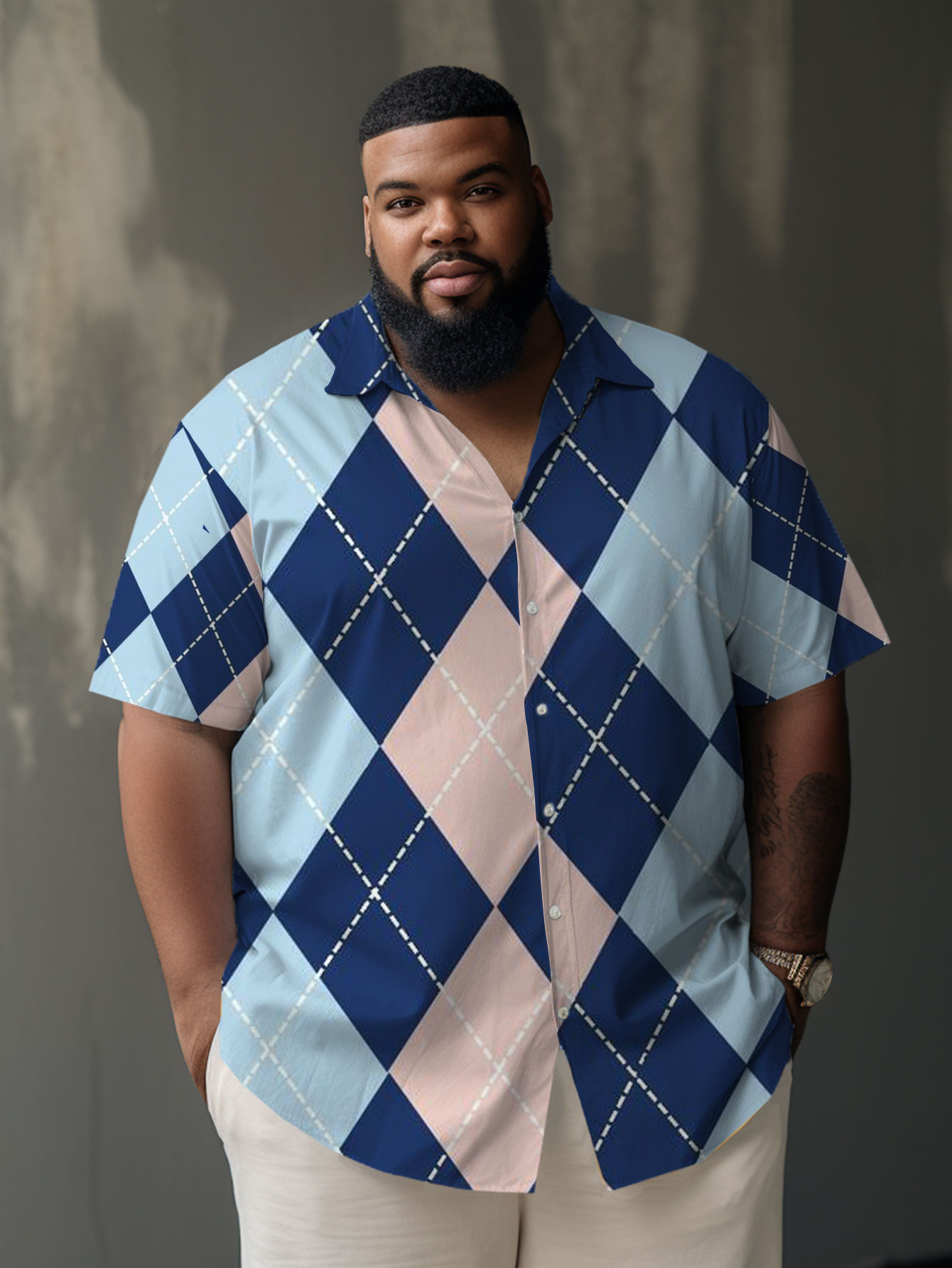 Men's Plus Size Casual Blue Diamond Check Short Sleeve Shirt