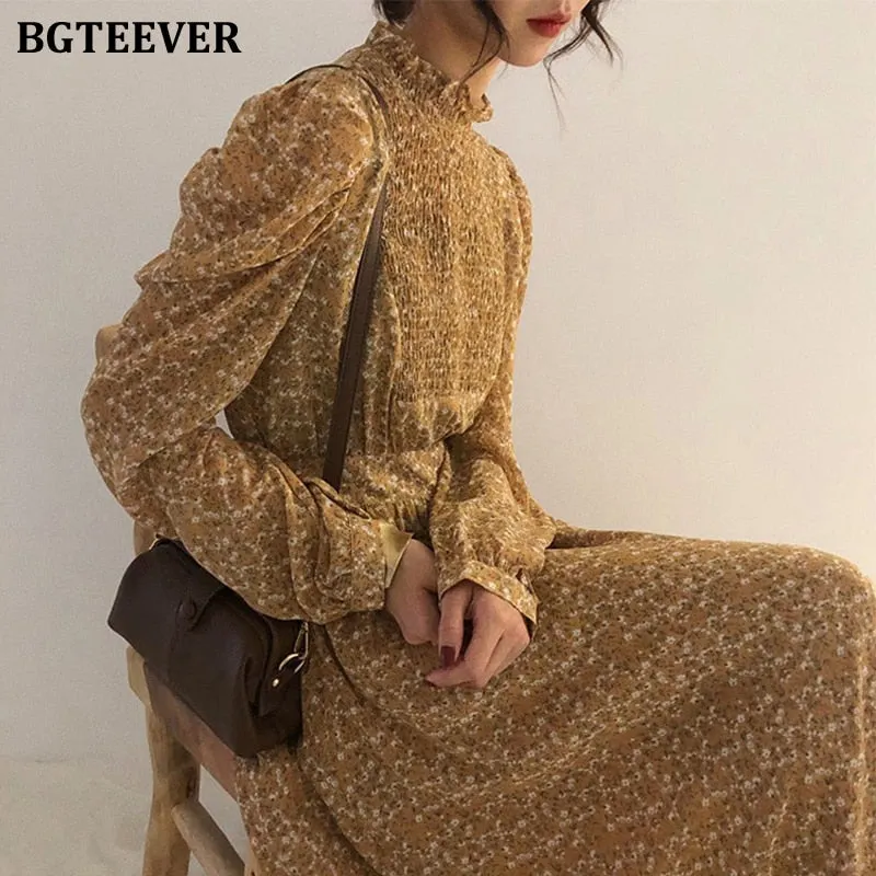 BGTEEVER Vintage Stand Collar Ruched Sleeve A-line Dress Women Floral Print Elastic Waist Female Dress Spring Vestidos femme 202