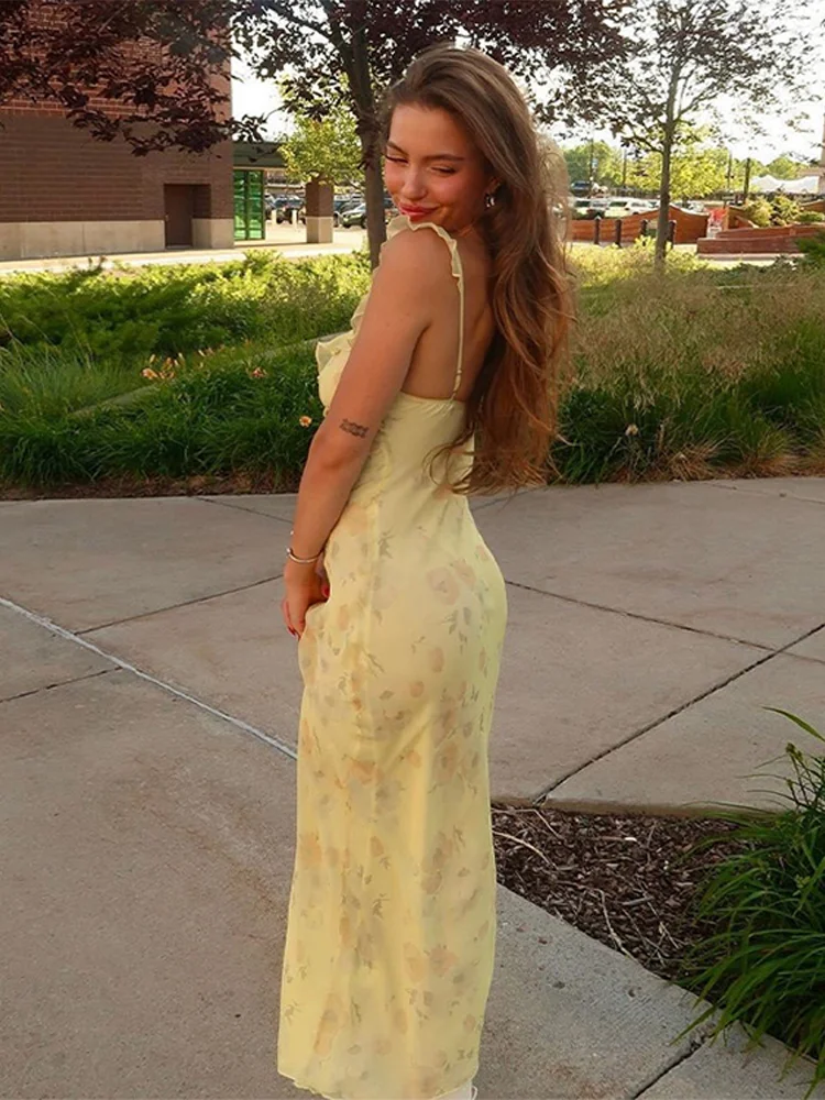 Summer Flower Printed Women's Sexy Low-cut Sleeveless Backless Slim Sling Midi Dress