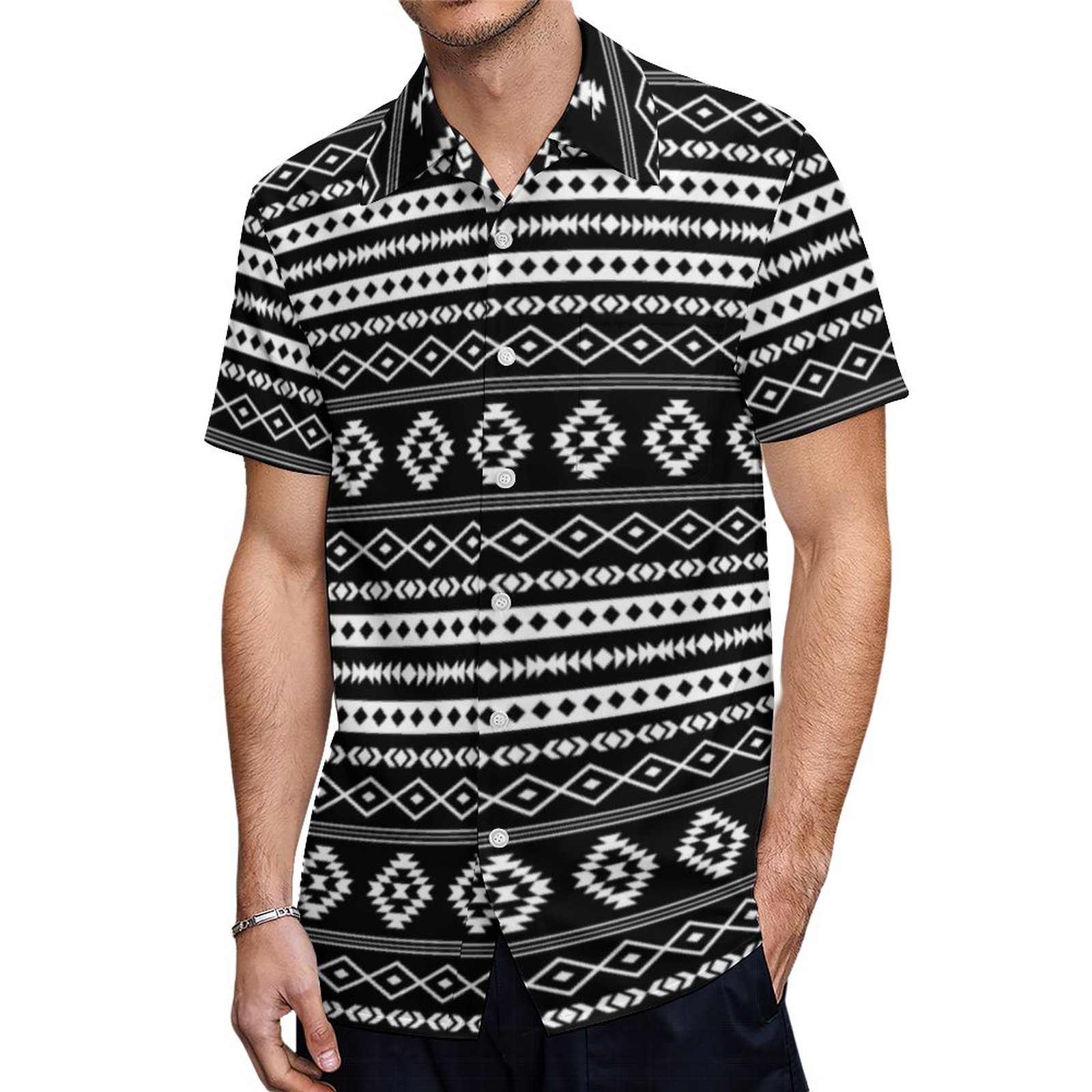 Aztec White On Black Mixed Motifs Repeat Pattern Hawaiian Shirt Mens Button Down Tropical Hawaii Beach Shirts