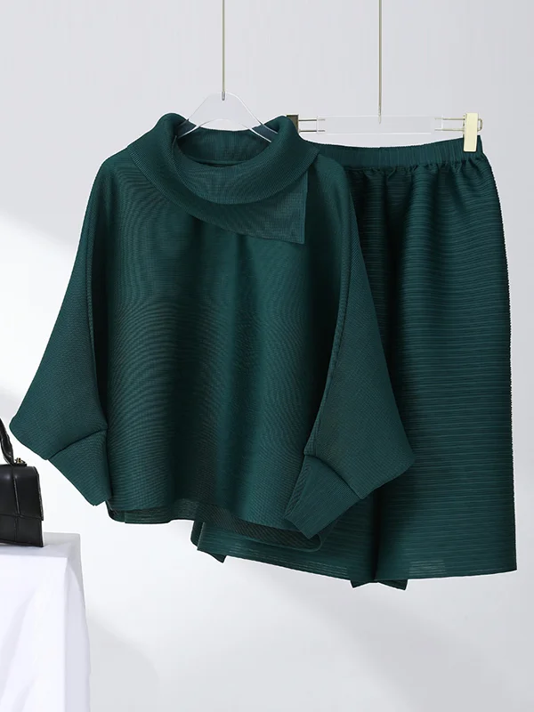 Simple Loose Long Sleeves Pleated Solid Color High-Neck T-Shirt Top&Wide Legs Pants Two Pieces Set