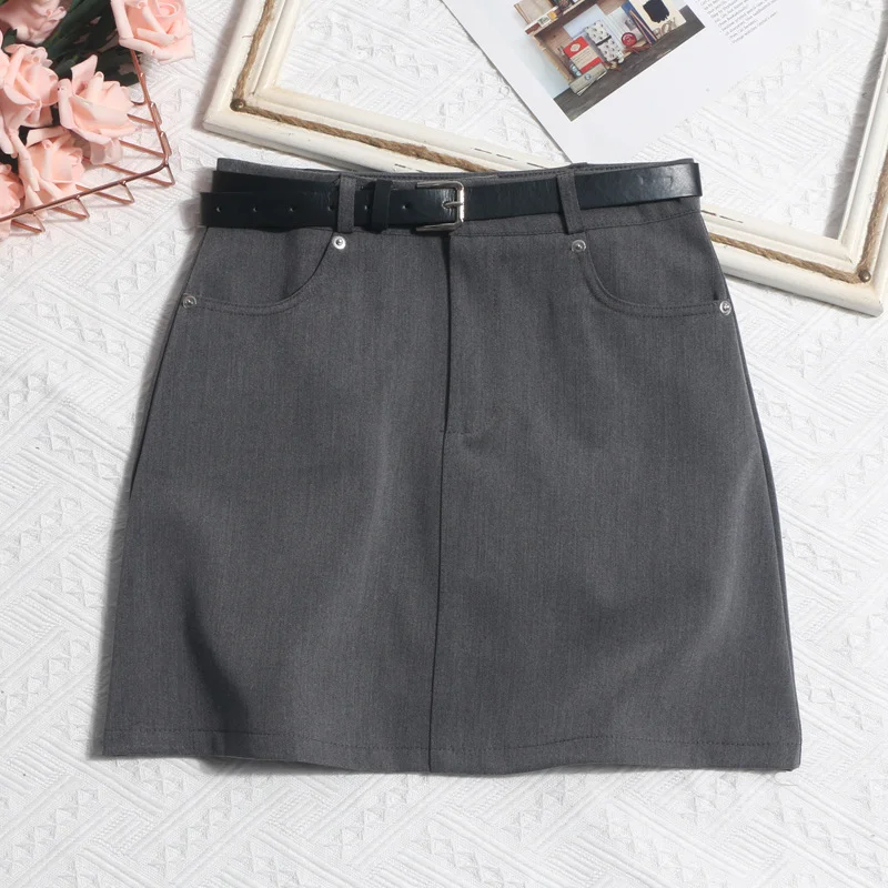 Uveng Real Shooting Gray Short Skirt Women's Summer Leisure High-Waisted Thin A-Body Skirt Anti-Walking Bag Hip Skirt With Belt 8010
