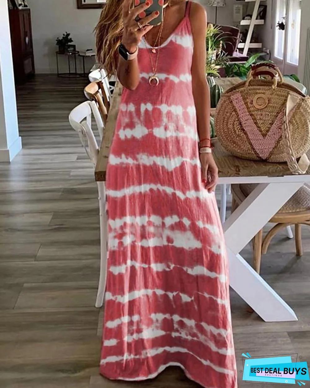 Women's Strap Dress Maxi Long Dress - Sleeveless Tie Dye Summer Hot Casual Beach Blue Purple Blushing Pink Wine Khaki Gray Light Blue
