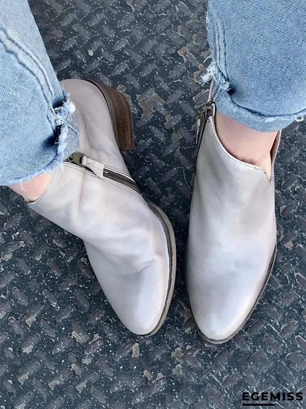 Retro Distressed Polished Color Zipper Thick Heel Pointed Ankle Boots | EGEMISS