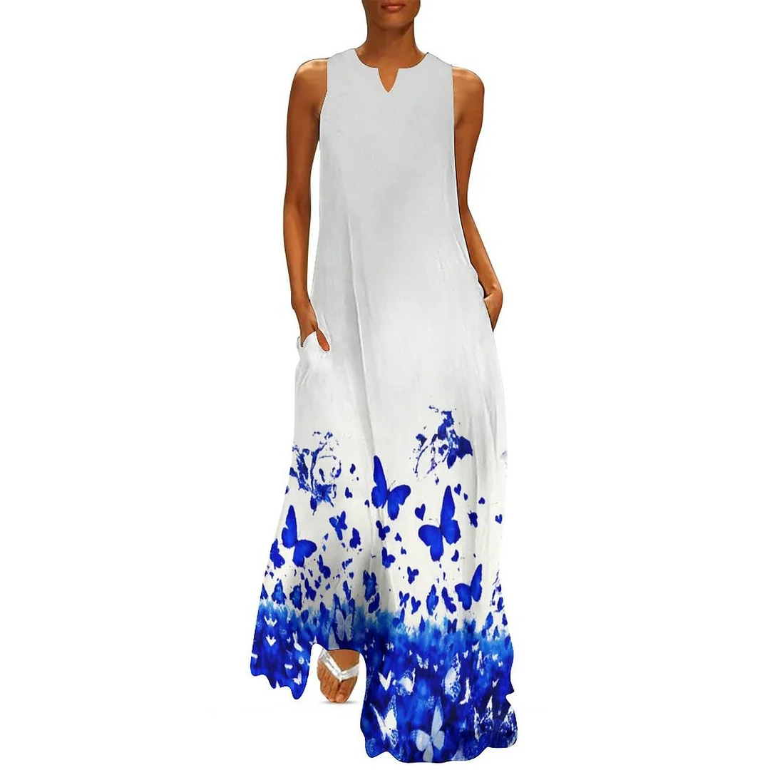 Style & Comfort for Mature Women Plus Size Printed Sleeveless Casual Women Maxi Dress with Pockets in Pattern Butterflies, Floral, Blue, Watercolor