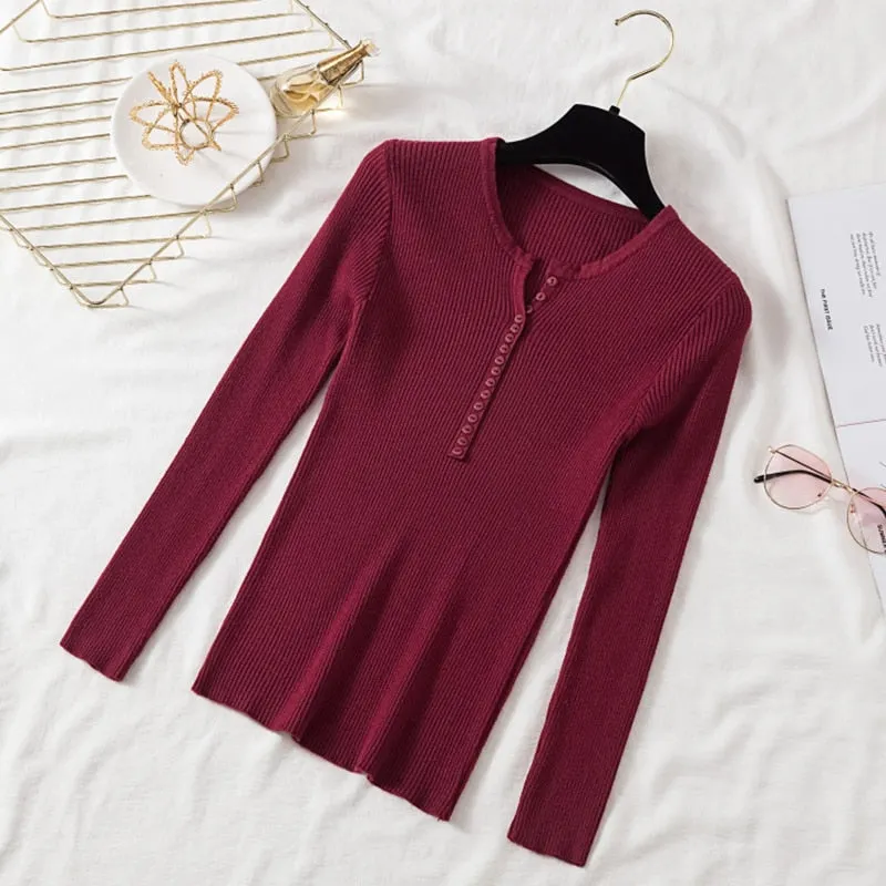 AOSSVIAO 2021 Autumn Winter Button V Neck Sweater Women Basic Slim Pullover Women Sweaters And Pullovers Knit Jumper Ladies Tops