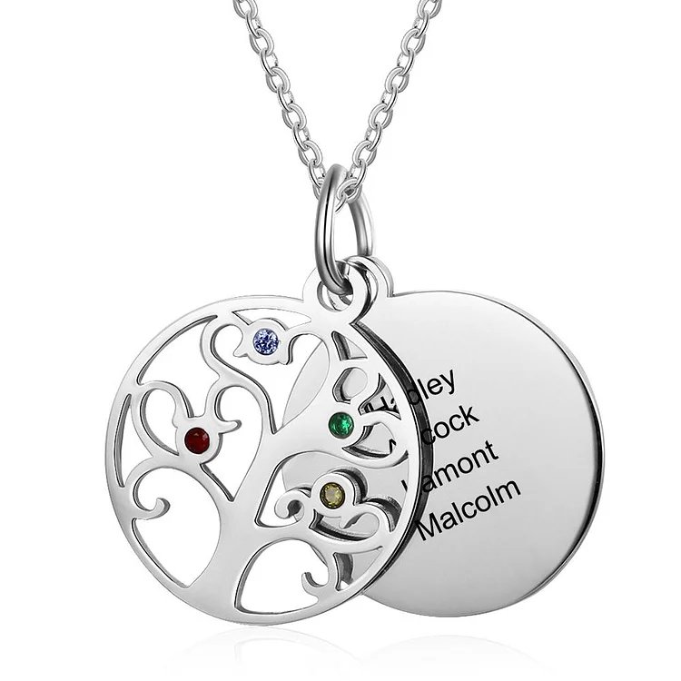 Family Tree Necklace 4 Stones Engraved with 4 Names Personalized Tree of Life Necklace for Mother