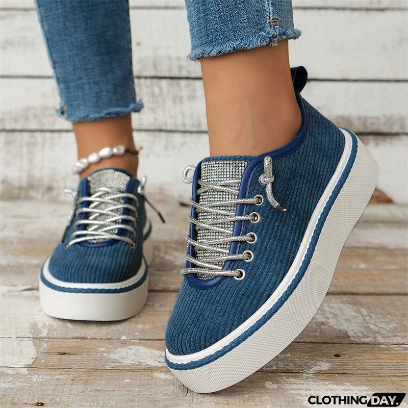 Women's Stylish Thick-Soled Round Toe Lace-Up Rhinestone Casual Shoes