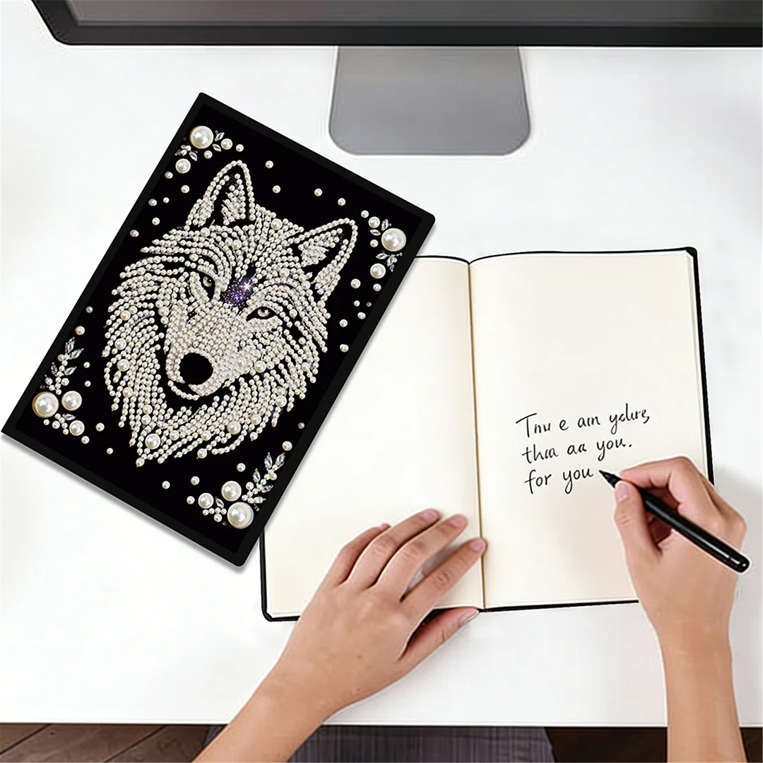 Wolves Partial Pearl DIY 50 Pages A5 Diamond Painting Notebook Special Shaped Diamond Art Diary Book Kits Wireless Strip 5D Crystal Art Paintings Sketchbook for Art Drawing