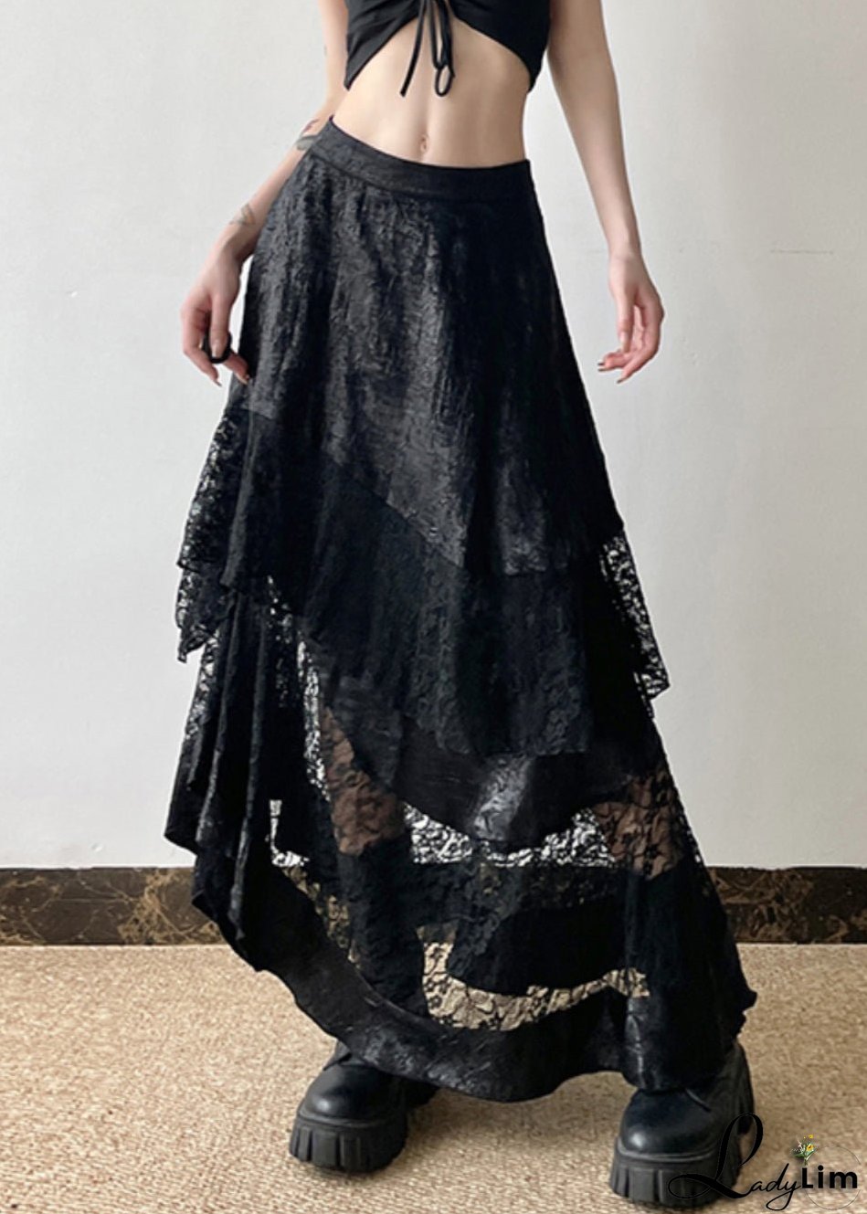 French Black High Waist Patchwork Lace Skirts Summer