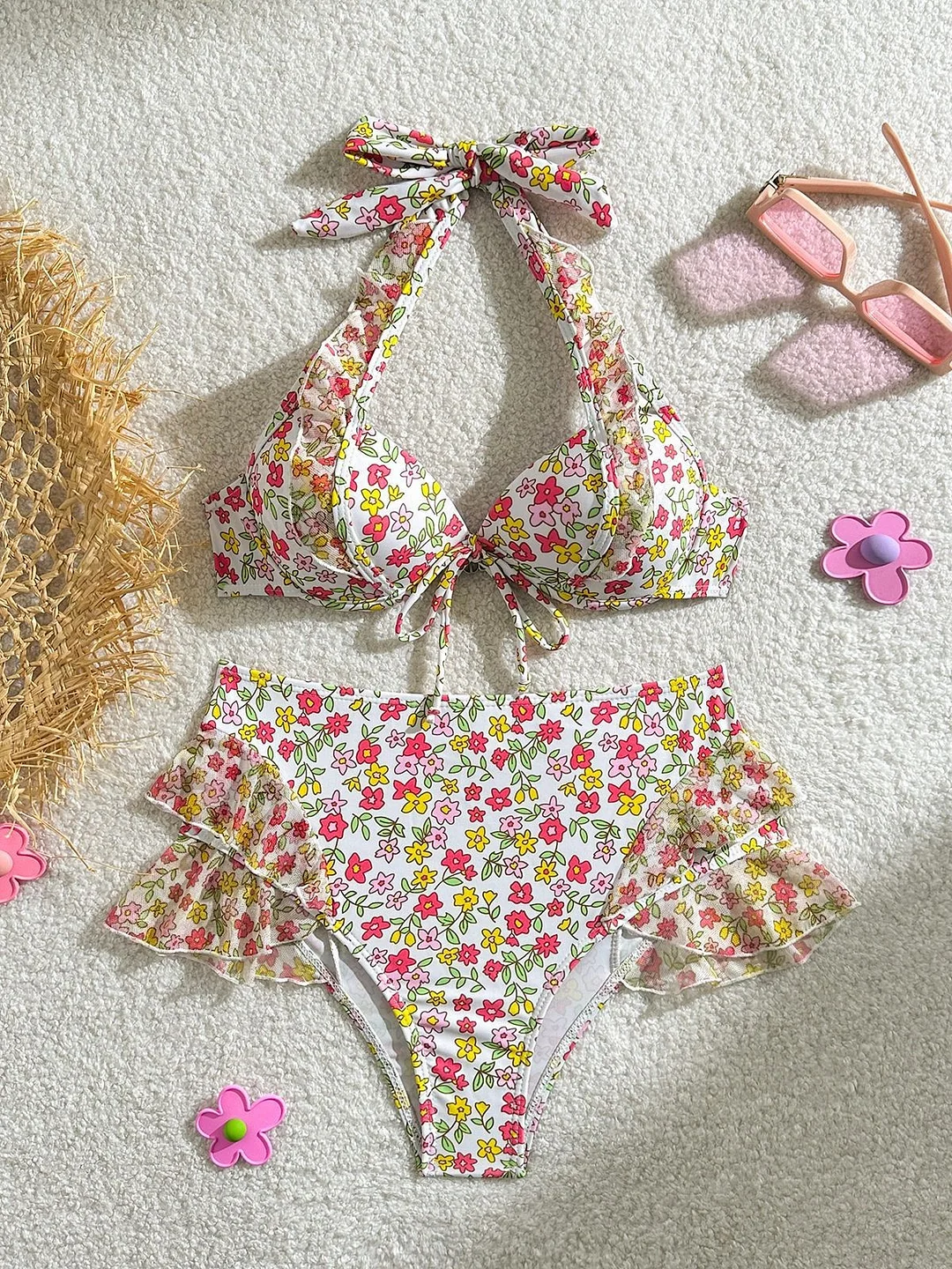 Uveng 2024 New Small Fresh Print High-Waisted Fly-Side Swimsuit Bikini Bikini