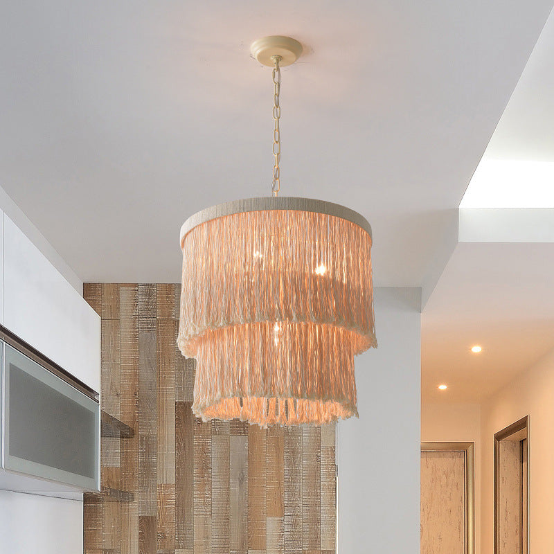 Farmhouse Minimalist Tassel Chandelier Rust Metal Frame 2 Tier Fringe Light Fixture