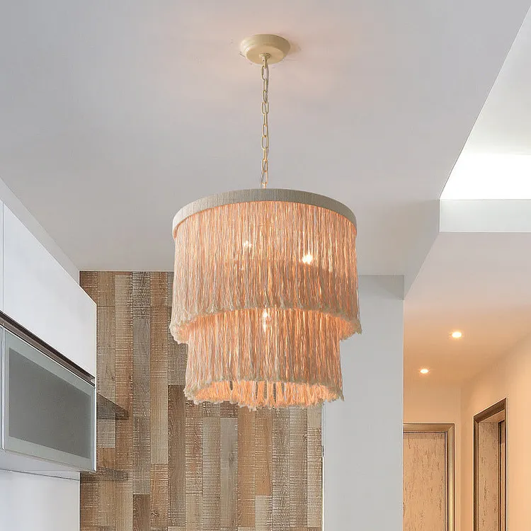 Farmhouse Minimalist Tassel Chandelier Rust Metal Frame 2 Tier Fringe Light Fixture