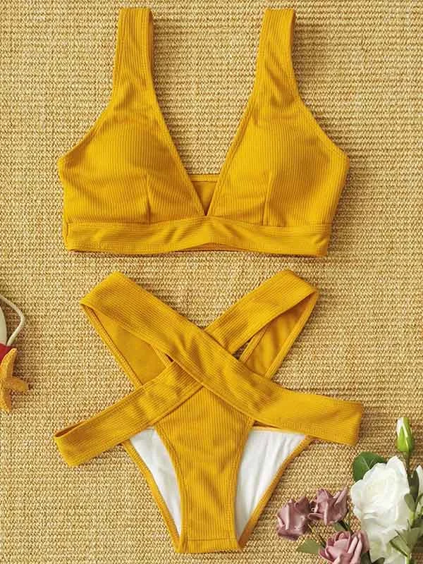 Solid Color V-Neck Crossed Bikini Swimsuit 