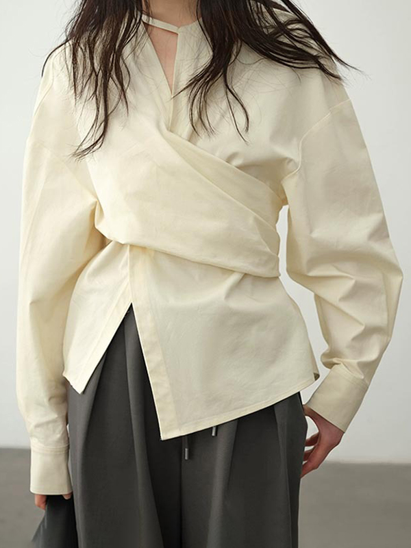 Long Sleeved Solid Color Polo Collar Asymmetrical Shirt