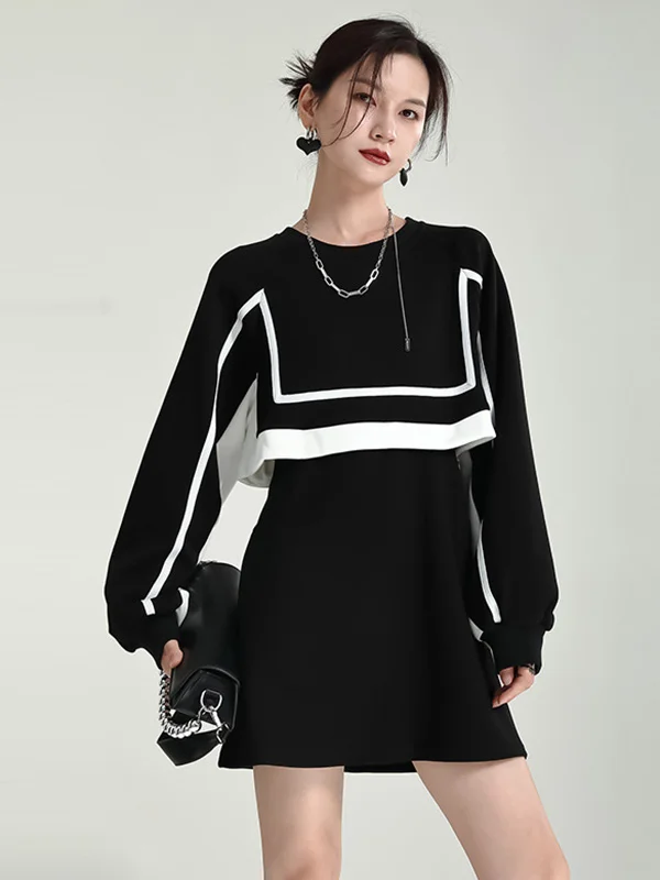 Original Creation Long Sleeves False Two Contrast Color Round-Neck Mini Dresses