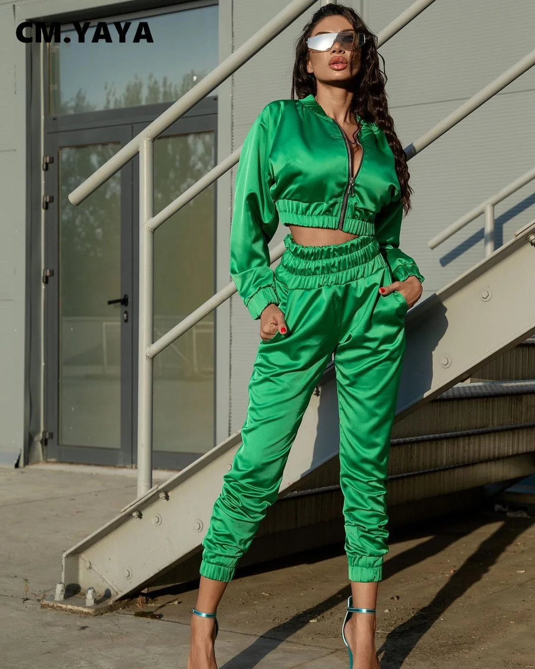 CM.YAYA Sport Bright Solid Women's Set Track Jacket and Pants Suit Active Sweatsuit Tracksuit Two Piece Set Fitness Outfits