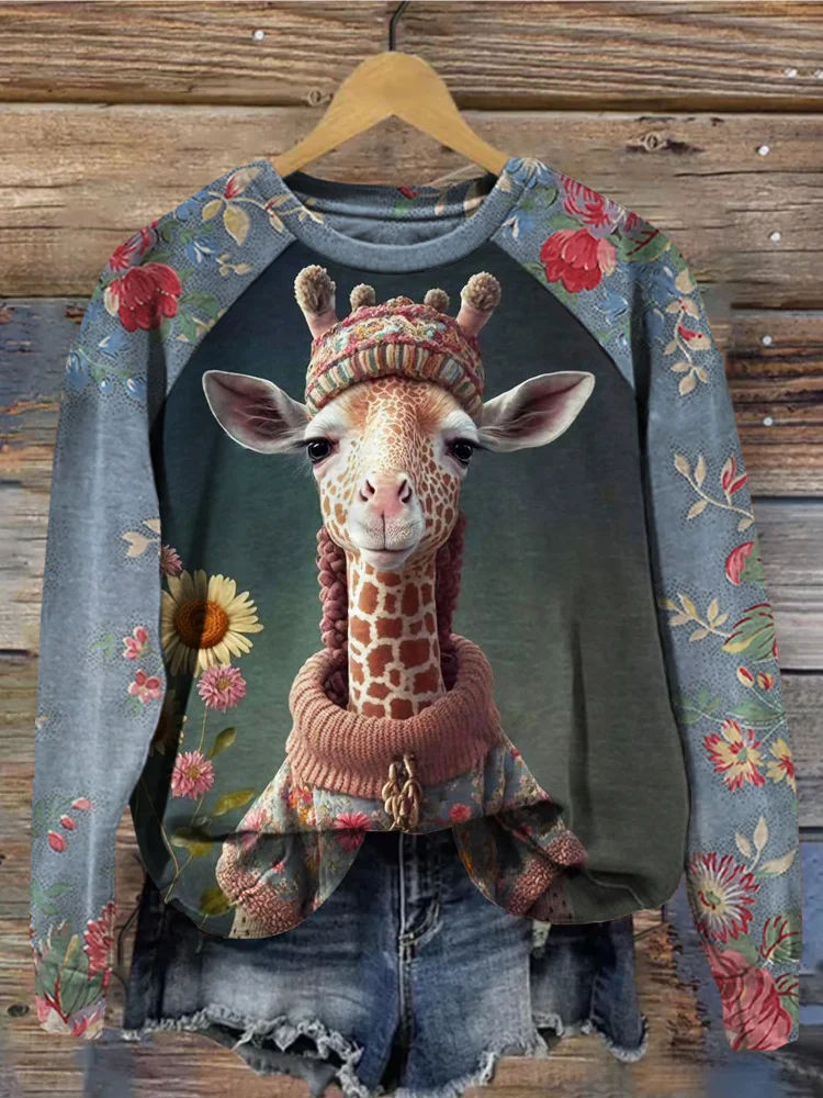 VChics Cute Giraffe Vintage Floral Contrast Sleeve Comfy Sweatshirt