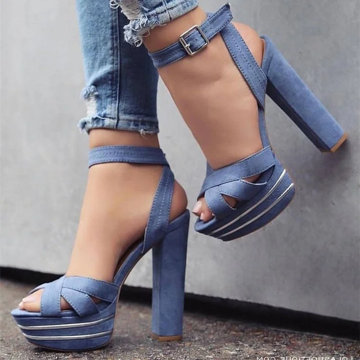 Blue Chunky Heel Sandals Platform Sandals |FSJ Shoes