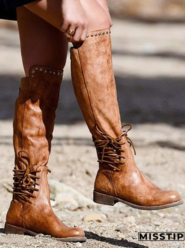 Retro Solid Color Rivets Round Toe Flat Zip Long Boots