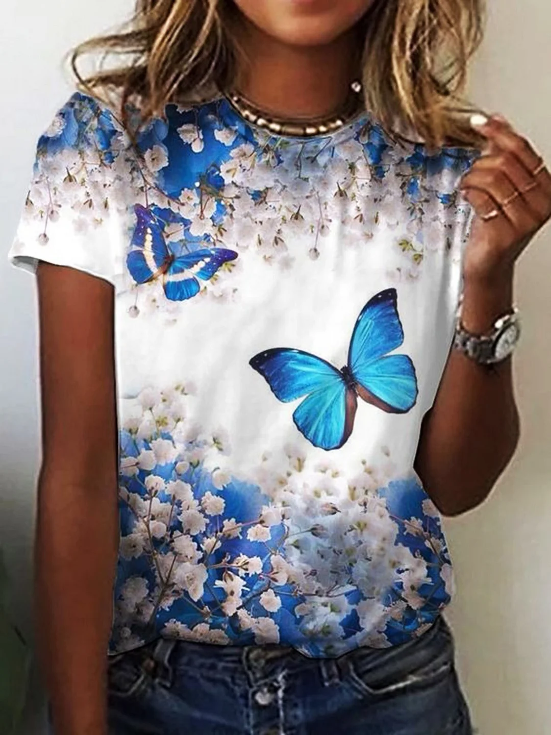 Casual Butterfly Floral Short Sleeve Loosen T-shirt