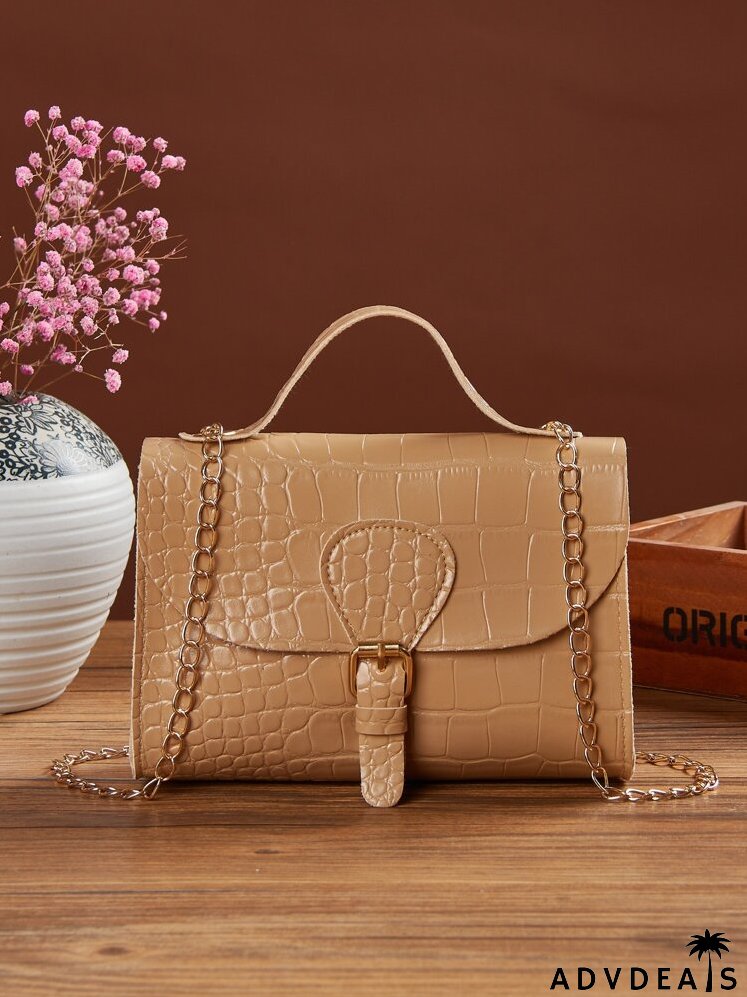 Croc Embossed Buckle Decor Flap Chain Satchel Bag
