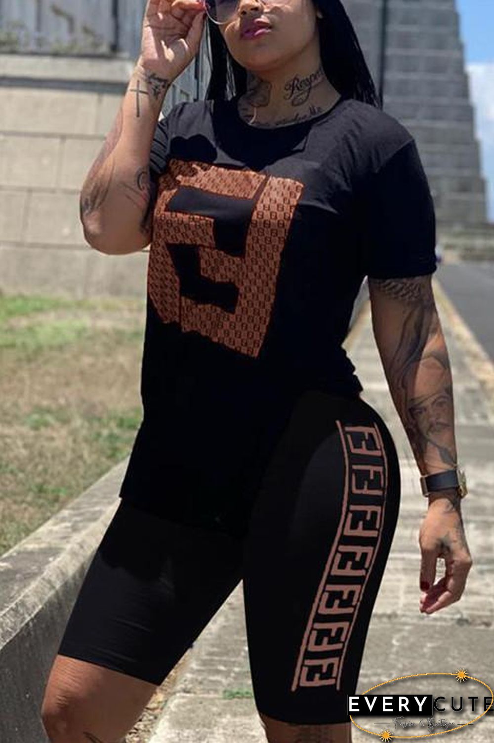 Casual Letter Printing Sports Shorts Set