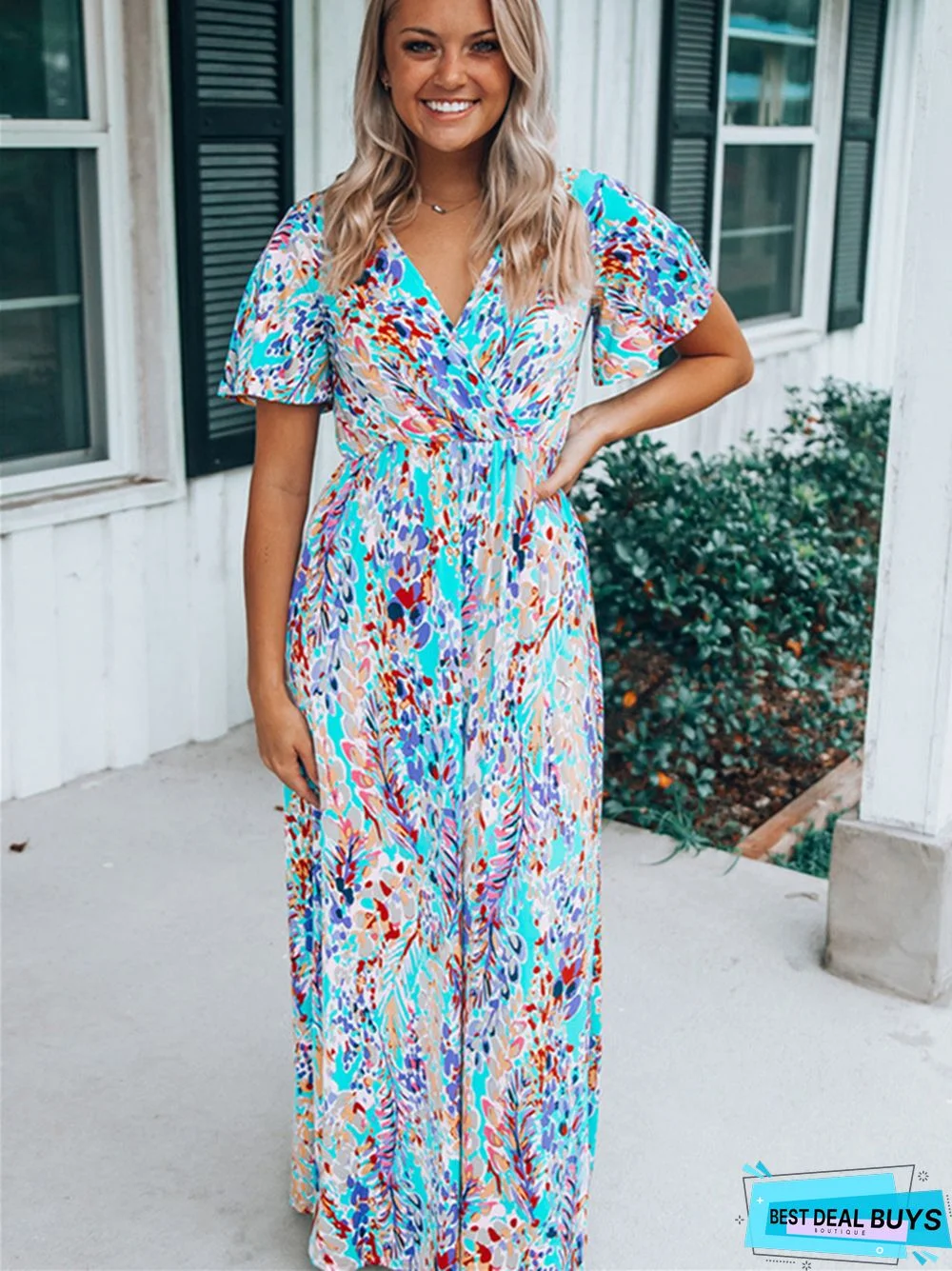 Short Sleeve V-neck Pullover Floral Skirt Lady Loose Casual Dress Full Skirt