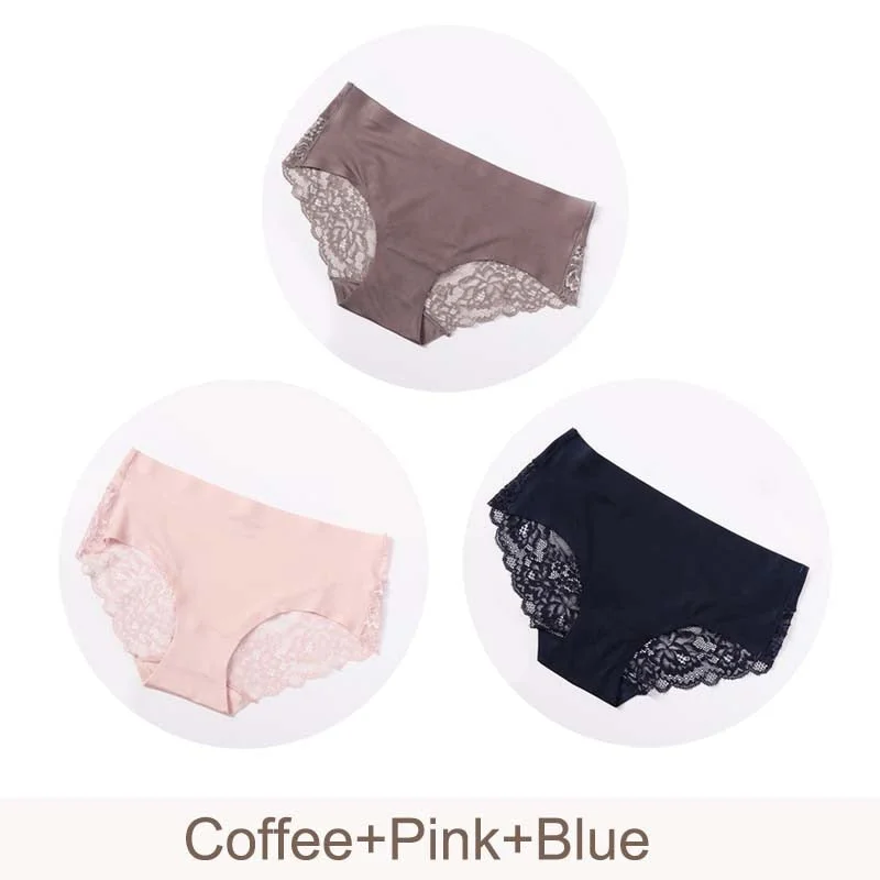 3 pcs/lot Sexy Lace Panties Seamless Women Underwear Briefs Nylon Silk Underpants for Ladies Transparent Lingerie