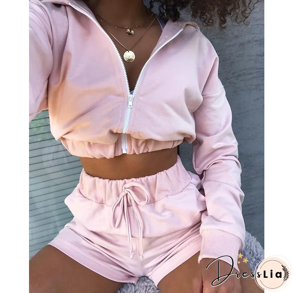 Women Autumn Sexy Solid Outfits New Hooded Zipper Long Sleeve Short Sweatshirts + Sports Shorts Suits Casual Tracksuits 2Pcs Set