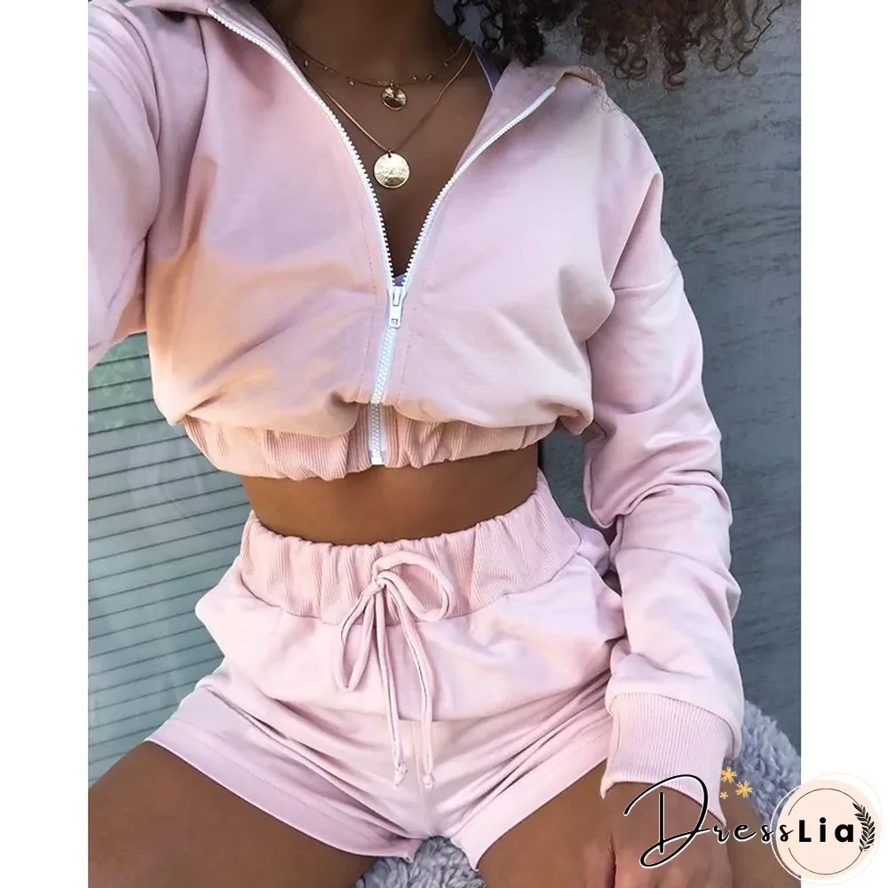 Women Autumn Sexy Solid Outfits New Hooded Zipper Long Sleeve Short Sweatshirts + Sports Shorts Suits Casual Tracksuits 2Pcs Set