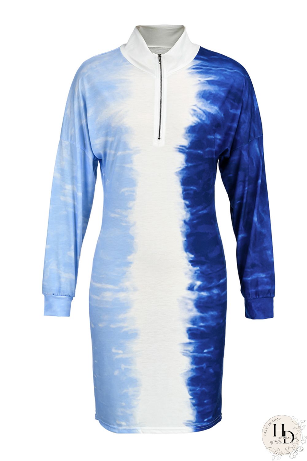 Blue Fashion Sexy Plus Size Gradual Change Print Basic Turndown Collar Printed Dress