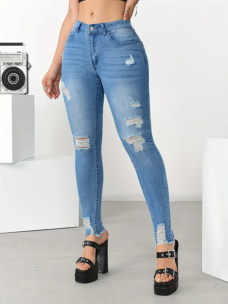 Women's High-Waist Stretch Denim Skinny Jeans With Distressed Blue Ripped Detail - Elegant Button Closure, All-Season Comfort, Slim Fit For Casual & Formal Outfits, High Waisted Jeans, Versatile Fashion, Durable Fashion