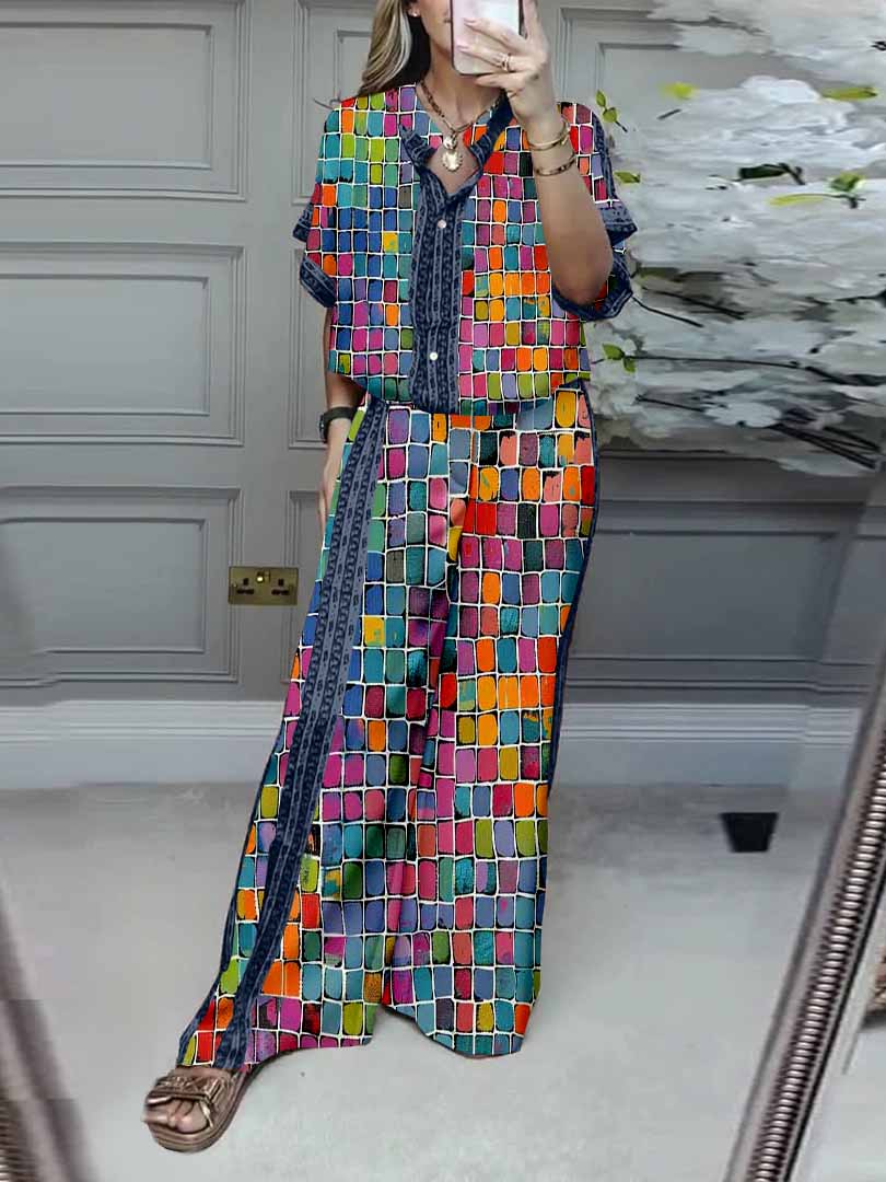 Women Colorful,Floral,Red DZDL1099 V-neck Short Sleeve Blouse and Pants Set